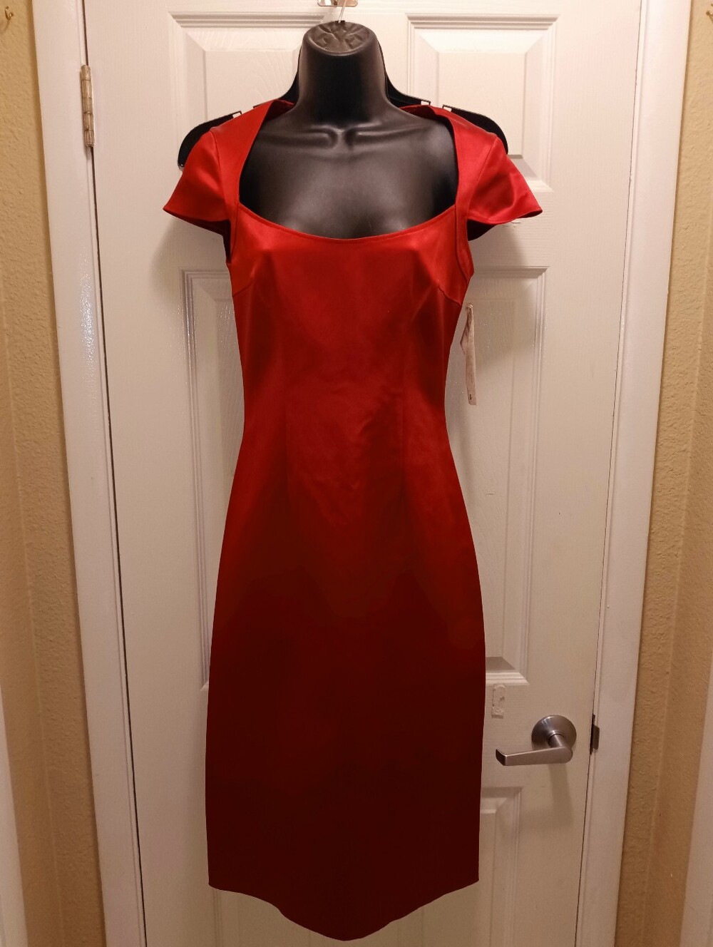 NWT Maria Bianca Neeo Body Contour Elegant Red Satin Sheath Dress Sz S